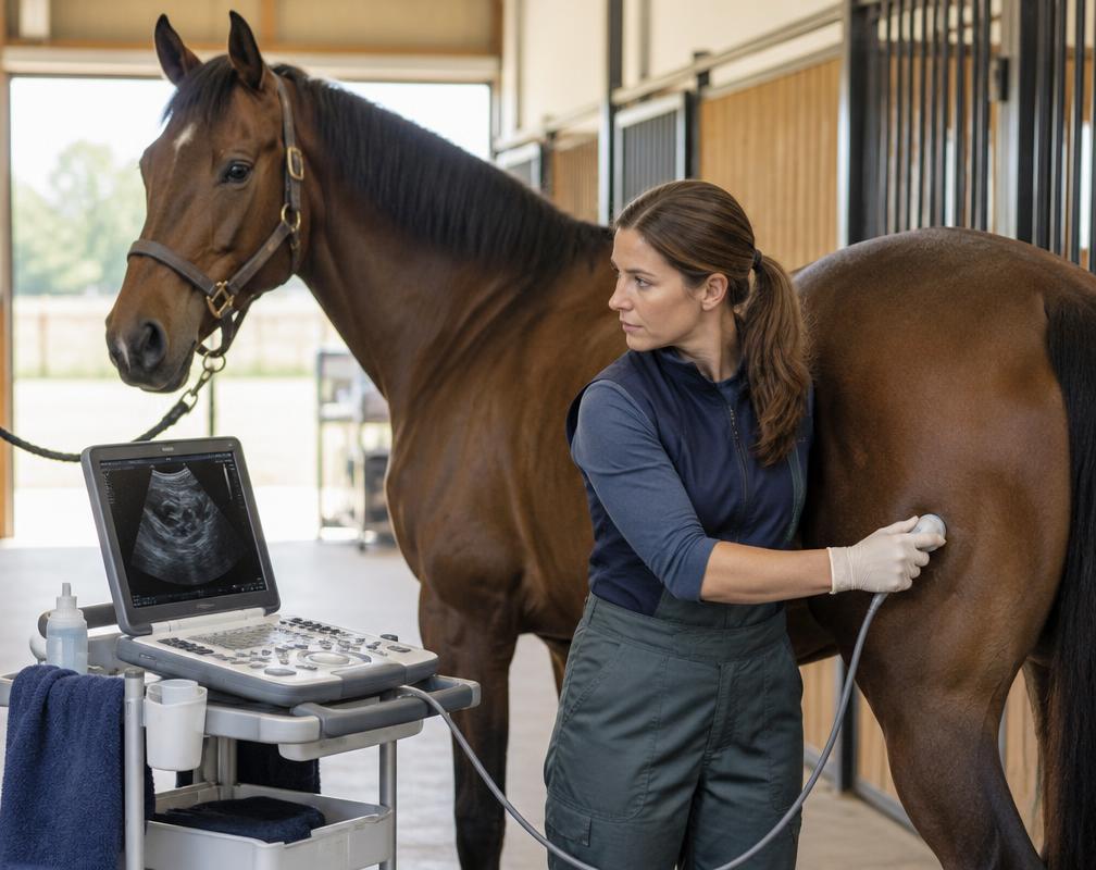 Equine diagnostic imaging equipment in use
